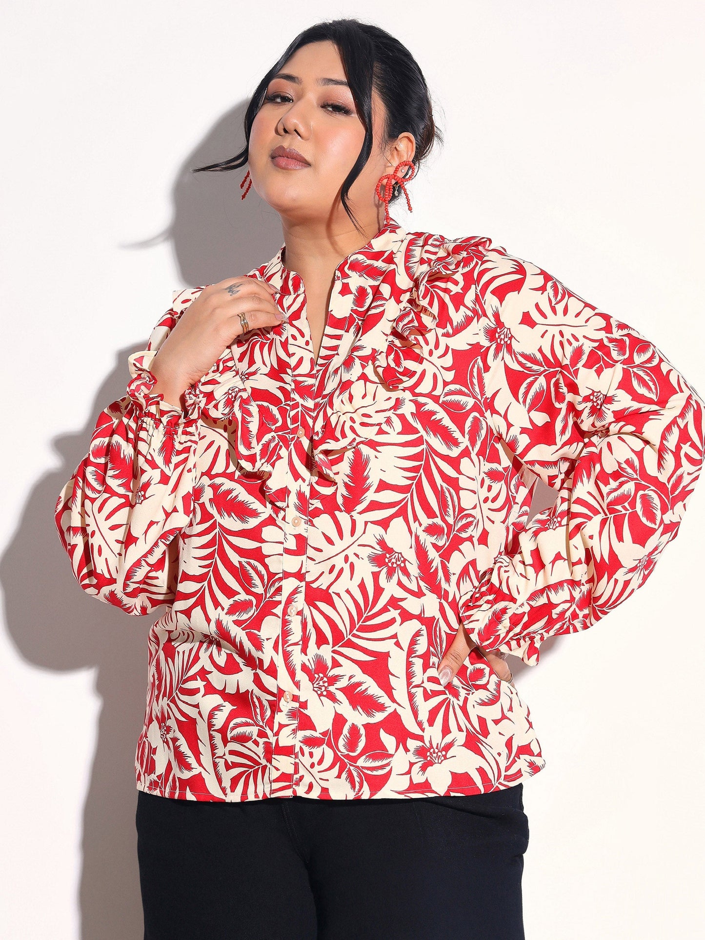 Women Red Floral Front Frill Regular Shirt