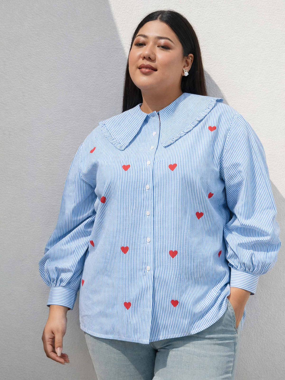 Navy Stripes Heart Print Peter Pan Regular Shirt
