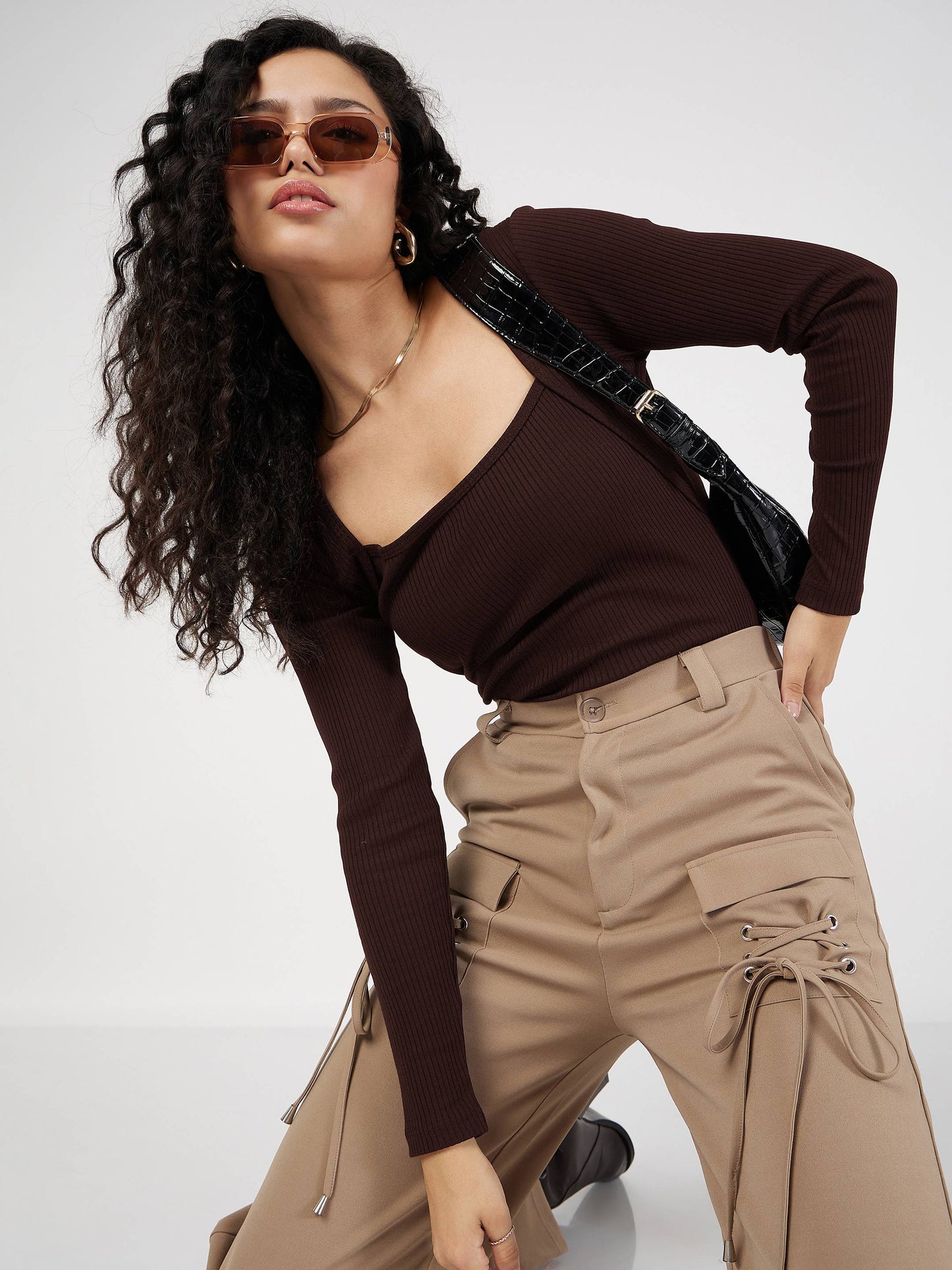 Women Dark Brown Rib Square Neck Full Sleeves Top