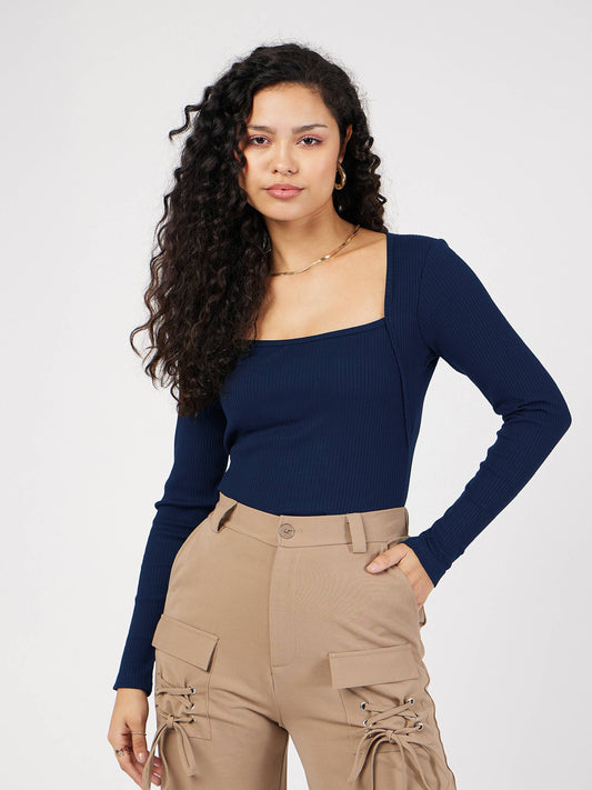 Women Navy Rib Square Neck Full Sleeves Top