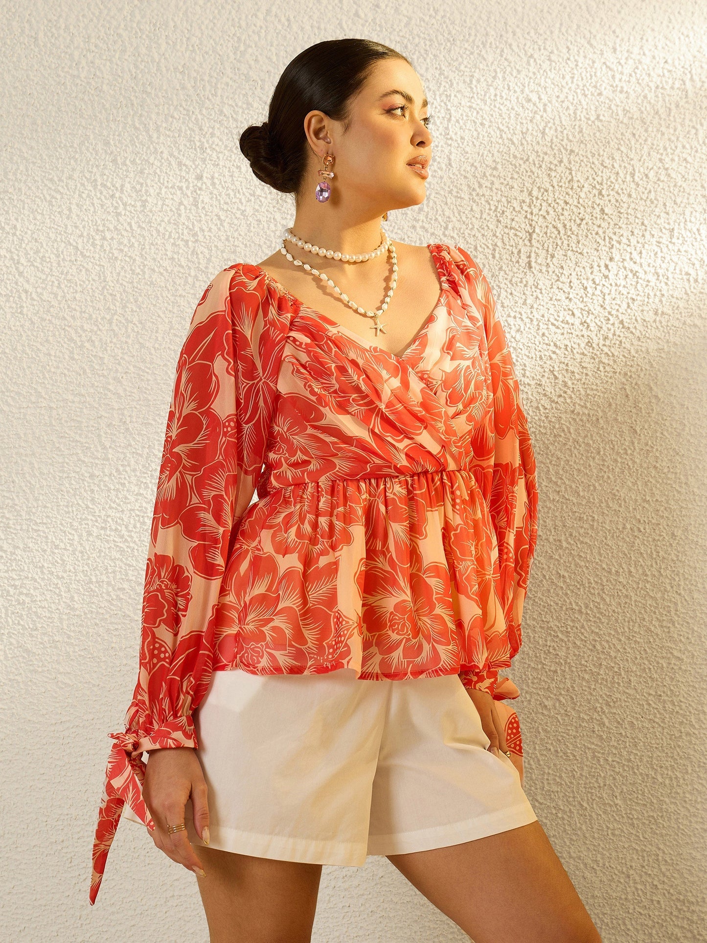 Women Orange Floral Sweetheart Neck Smocked Top