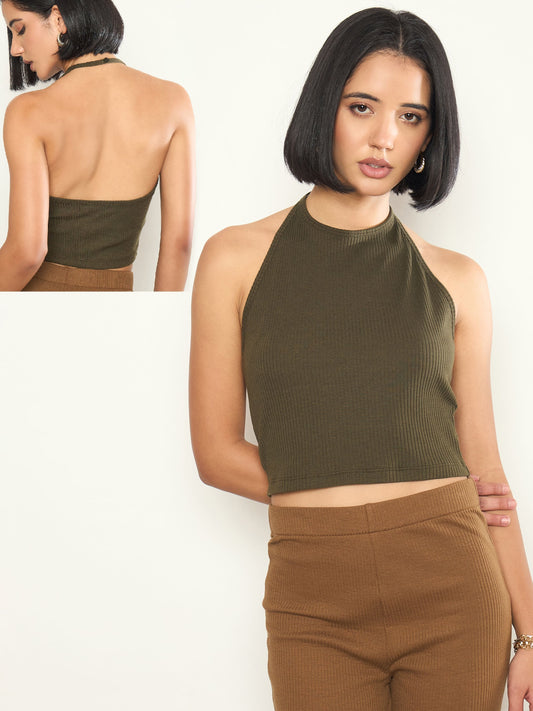 Women Olive Rib Halter Neck Crop Top