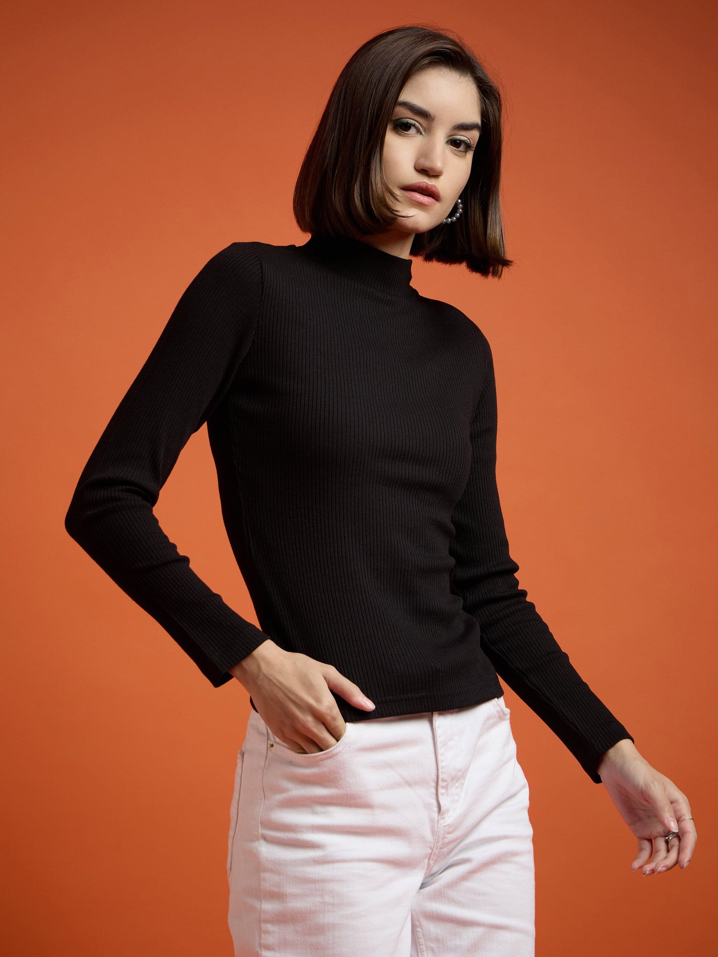 Women Black High Neck Rib Top