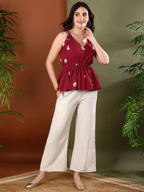 Maroon Bandhej Printed Rayon Short Peplum Top