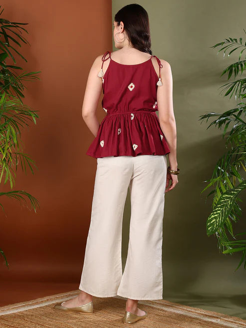 Maroon Bandhej Printed Rayon Short Peplum Top