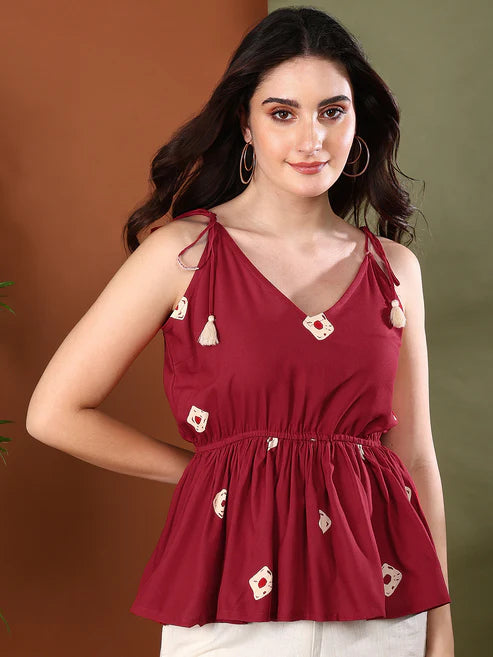 Maroon Bandhej Printed Rayon Short Peplum Top